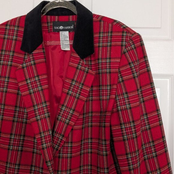 Vintage Sag Harbor Plaid Blazer Womens Size 12 Red Wool Blend Velvet Collar - Picture 2 of 9
